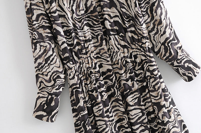 Boho Midi Dress, Tie Neck, Winter Black White Zebra