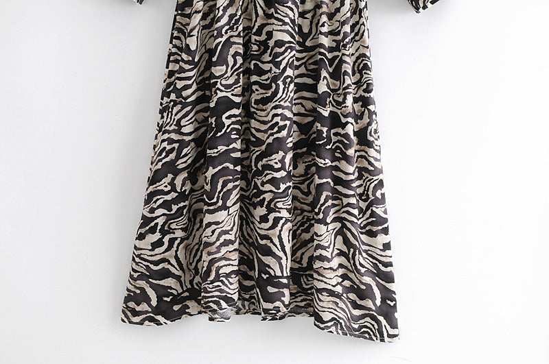 Boho Midi Dress, Tie Neck, Winter Black White Zebra
