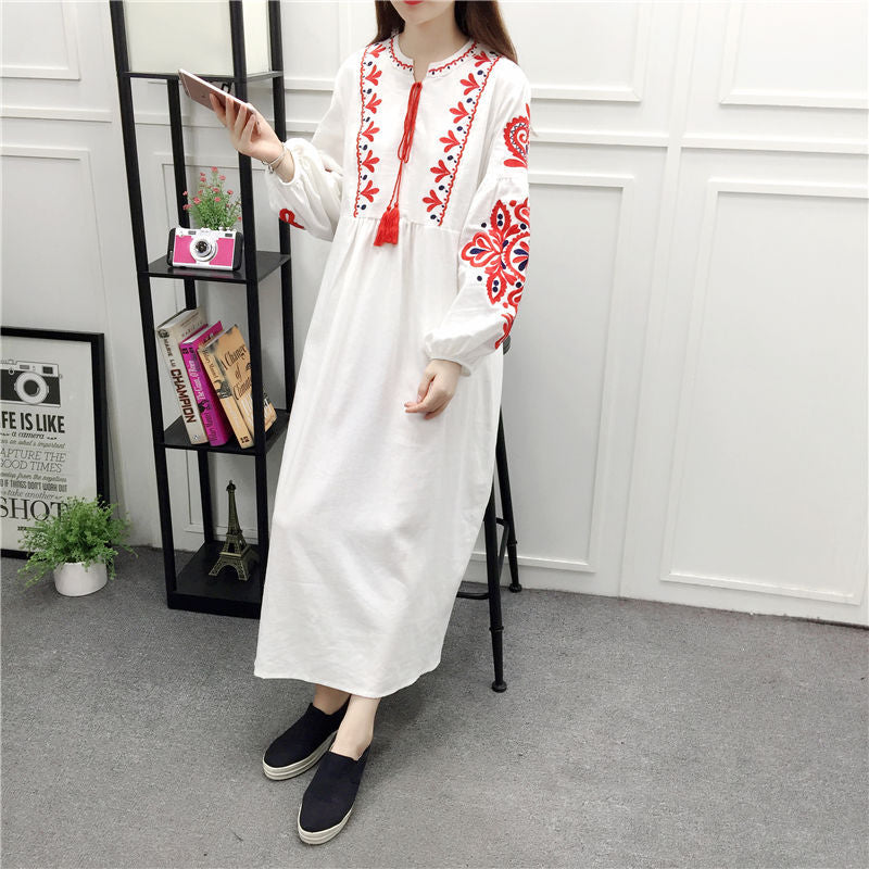 Gown Dress, Boho Maxi Dress, Loose Dress, White and Navy Cotton Tapestry
