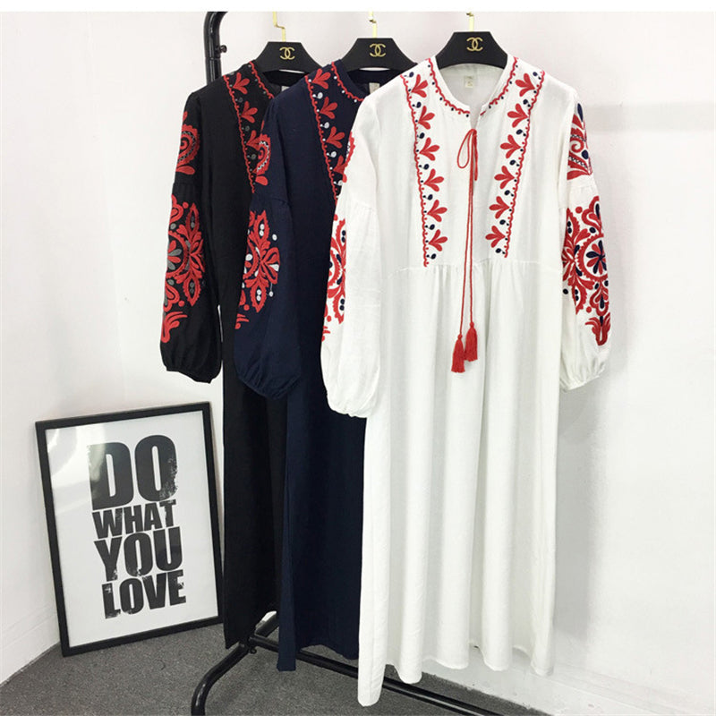 Gown Dress, Boho Maxi Dress, Loose Dress, White and Navy Cotton Tapestry