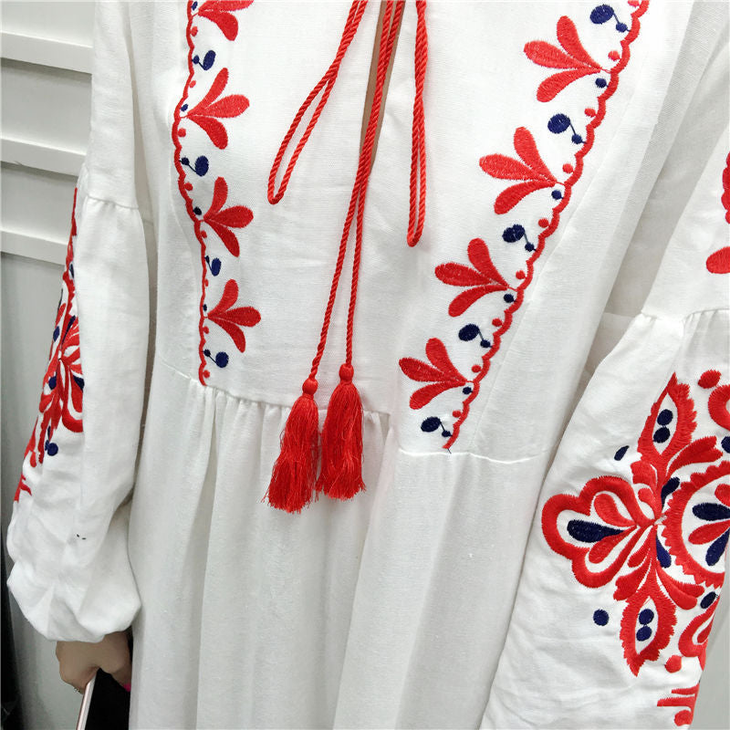 Gown Dress, Boho Maxi Dress, Loose Dress, White and Navy Cotton Tapestry