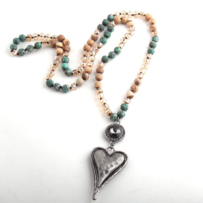 Boho Necklace, RH Amazonite Jasper, Heart Brown Natural Stone