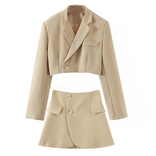 Vintage  Two Piece Set, Matching Crop Blazer and Mini Skirt, Charlotte in Fawn Beige and Green
