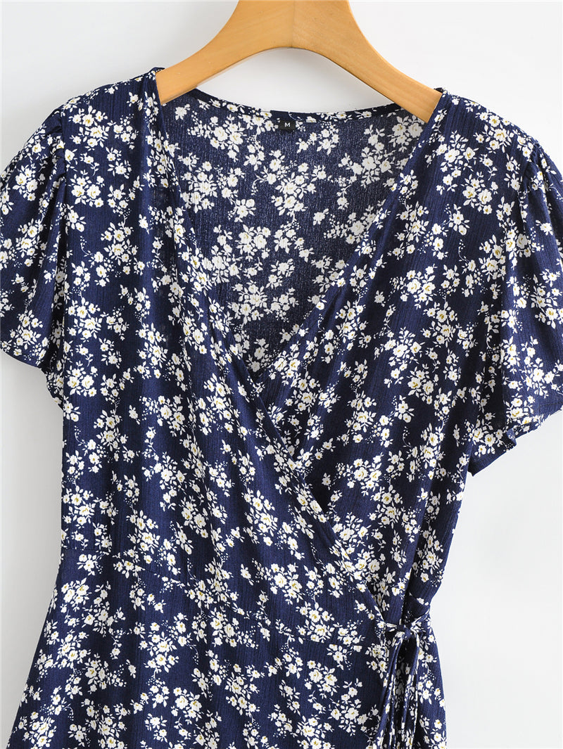 Boho Midi Dress, Little Flower in Navy
