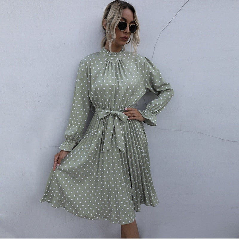 Boho Midi Dress, Vintage Love Polka Dot in White and Green