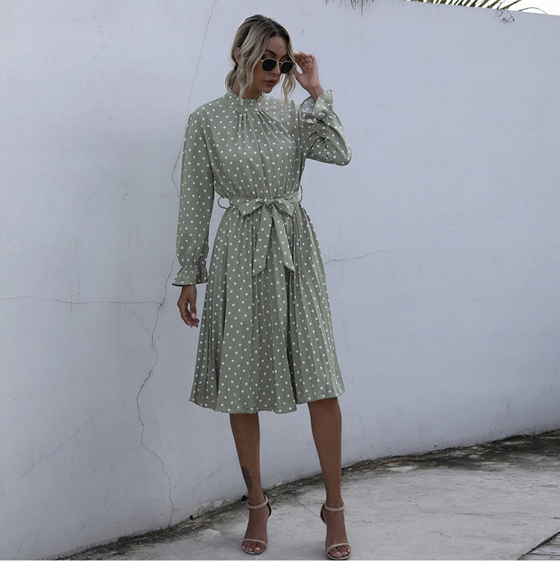 Boho Midi Dress, Vintage Love Polka Dot in White and Green