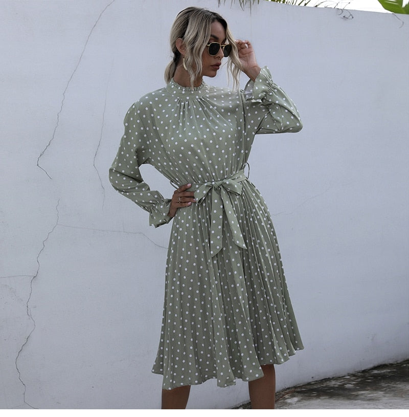Boho Midi Dress, Vintage Love Polka Dot in White and Green