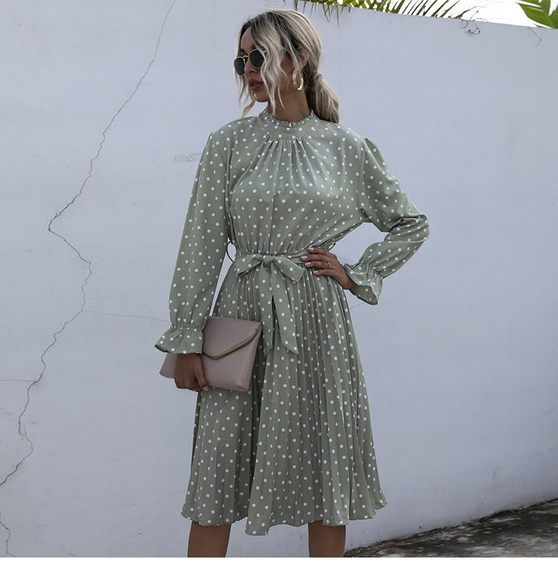Boho Midi Dress, Vintage Love Polka Dot in White and Green