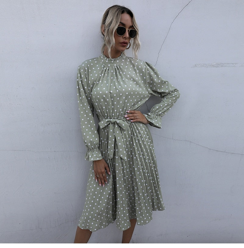 Boho Midi Dress, Vintage Love Polka Dot in White and Green