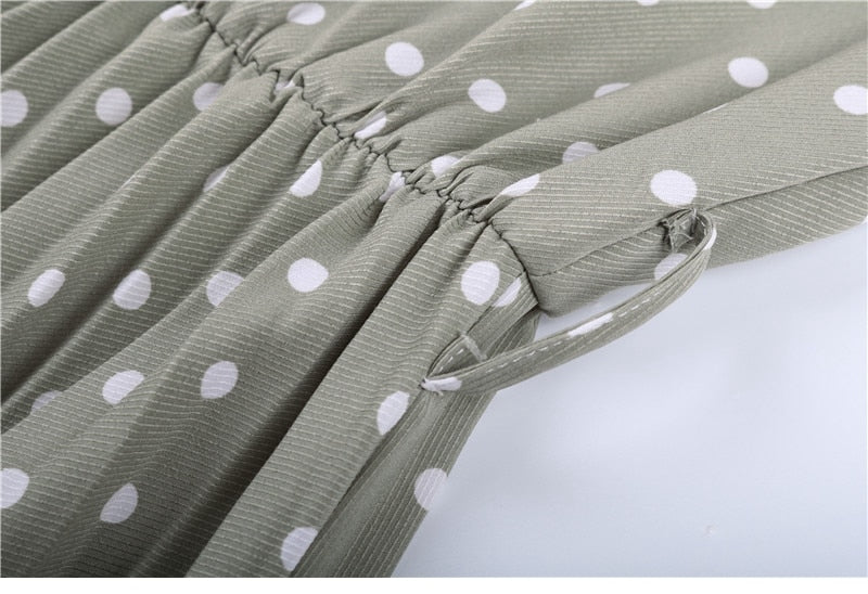 Boho Midi Dress, Vintage Love Polka Dot in White and Green