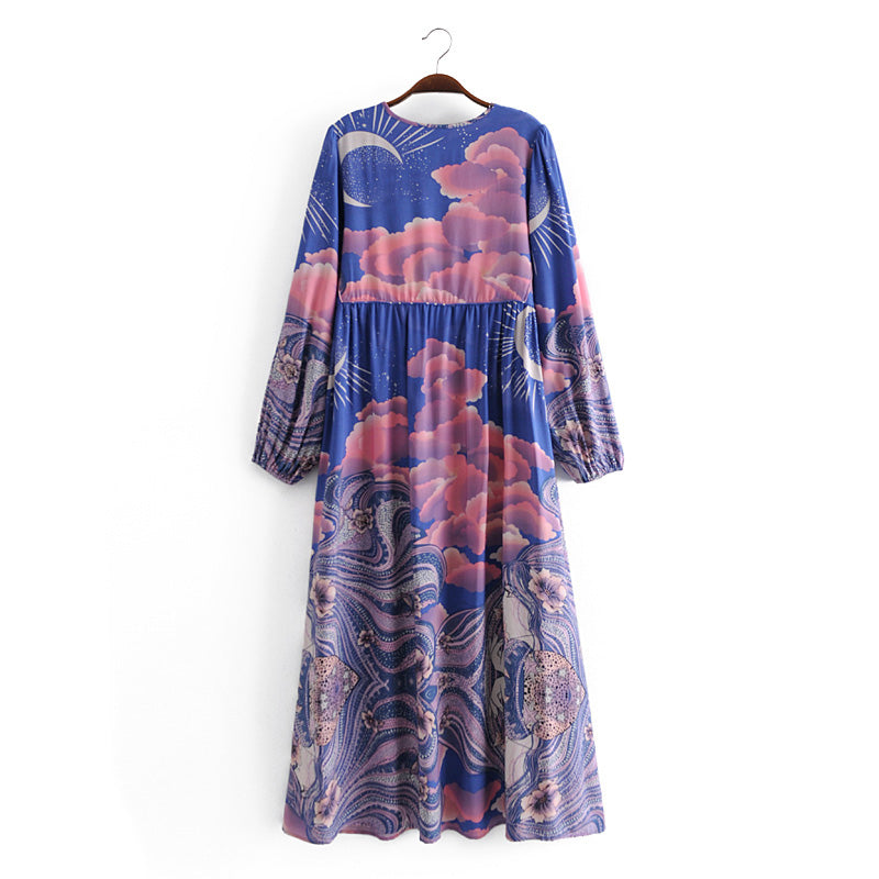 Gown Dress, Boho Maxi Dress, Loose Dress, Blue Eclipse Flower