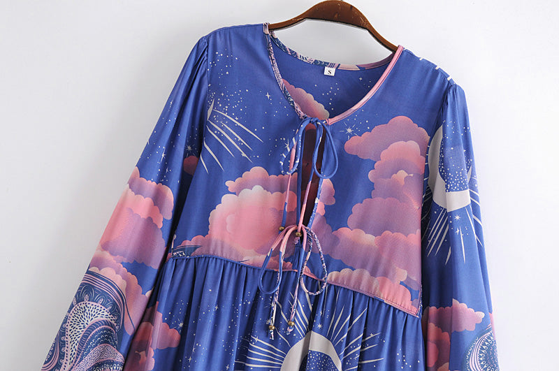 Gown Dress, Boho Maxi Dress, Loose Dress, Blue Eclipse Flower