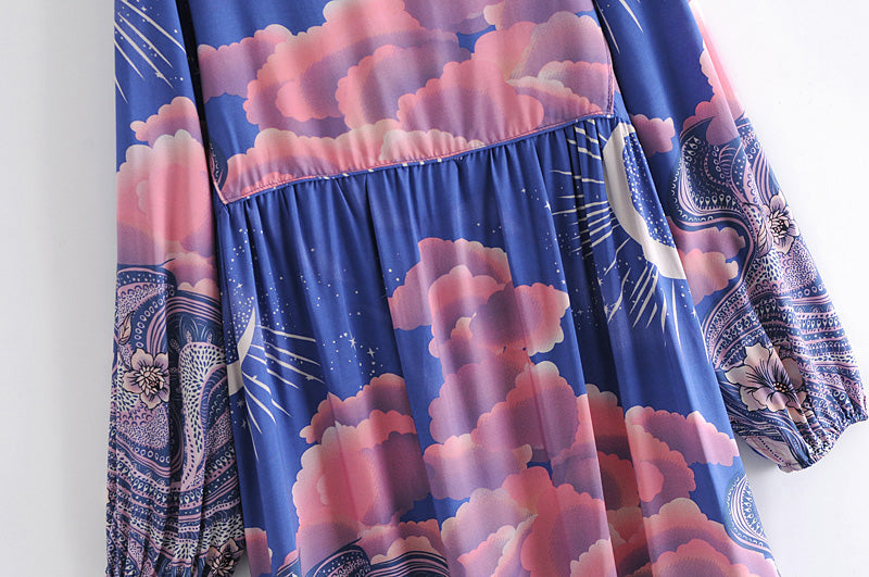 Gown Dress, Boho Maxi Dress, Loose Dress, Blue Eclipse Flower