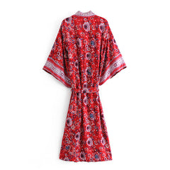 Boho Robe, Kimono Robe,  Beach Cover up, Red Daisy Mum