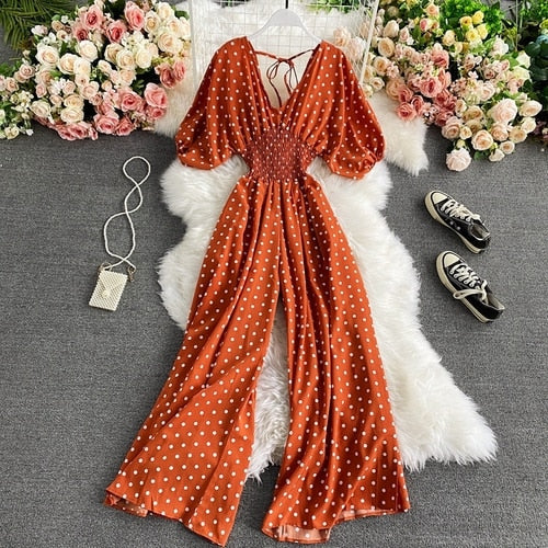 Boho Vintage  Jumpsuit, Boho Romper, Playsuit, Smocked Polka Dot in Orange, Red, Blue and Green