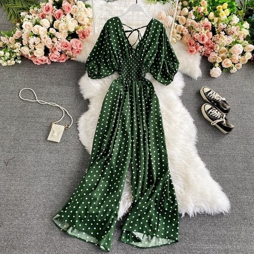 Boho Vintage  Jumpsuit, Boho Romper, Playsuit, Smocked Polka Dot in Orange, Red, Blue and Green