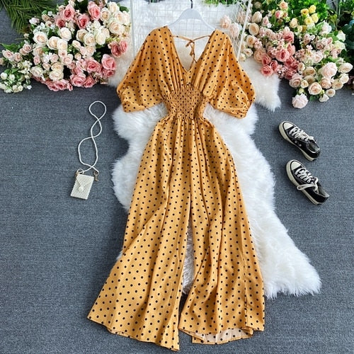 Boho Vintage  Jumpsuit, Boho Romper, Playsuit, Smocked Polka Dot in Orange, Red, Blue and Green