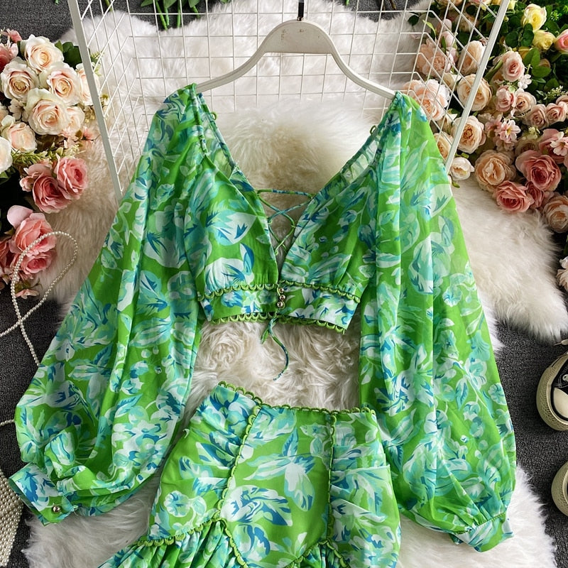 Vintage Two Piece Set, Boho Matching Two Piece Skirt Set, Alibaba in Green, Pink, Yellow