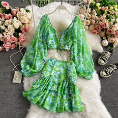 Vintage Two Piece Set, Boho Matching Two Piece Skirt Set, Alibaba in Green, Pink, Yellow