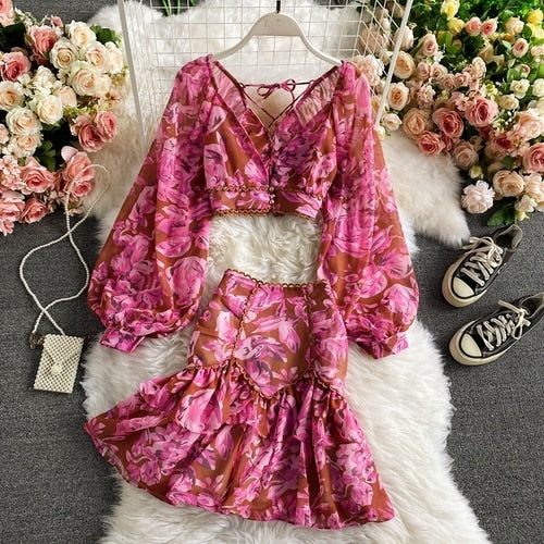 Vintage Two Piece Set, Boho Matching Two Piece Skirt Set, Alibaba in Green, Pink, Yellow