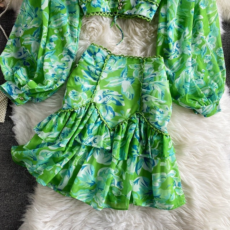 Vintage Two Piece Set, Boho Matching Two Piece Skirt Set, Alibaba in Green, Pink, Yellow