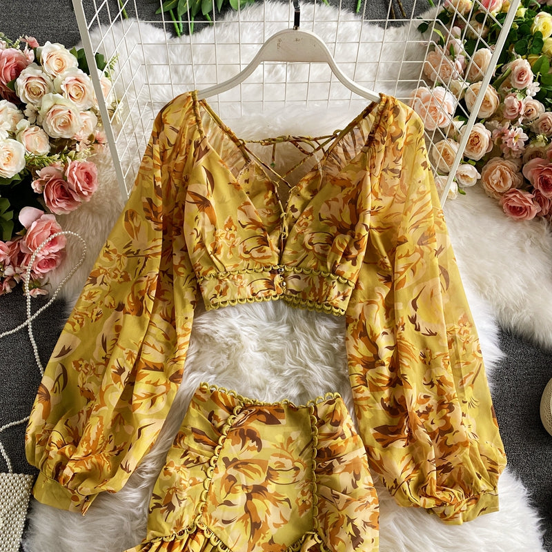 Vintage Two Piece Set, Boho Matching Two Piece Skirt Set, Alibaba in Green, Pink, Yellow