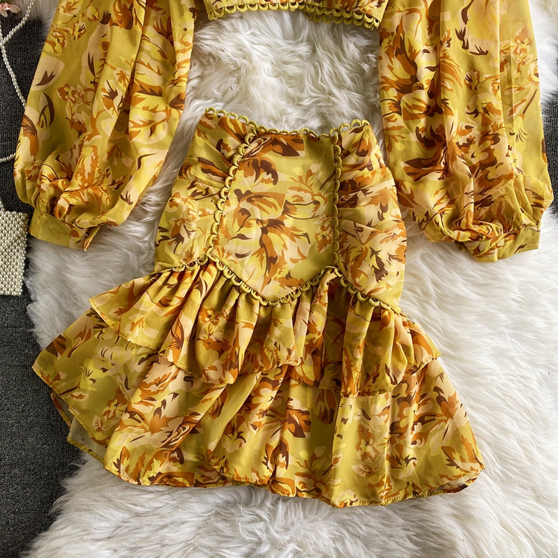 Vintage Two Piece Set, Boho Matching Two Piece Skirt Set, Alibaba in Green, Pink, Yellow