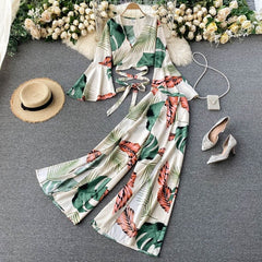 Vintage Two Piece Set, Boho Matching Crop Top and Palazzo Pant, Leaves in Green, Blue and Yellow