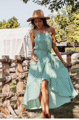 Boho Midi Dress, Strappy Sundress, Devika Green Polka Dot