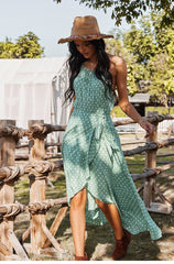Boho Midi Dress, Strappy Sundress, Devika Green Polka Dot