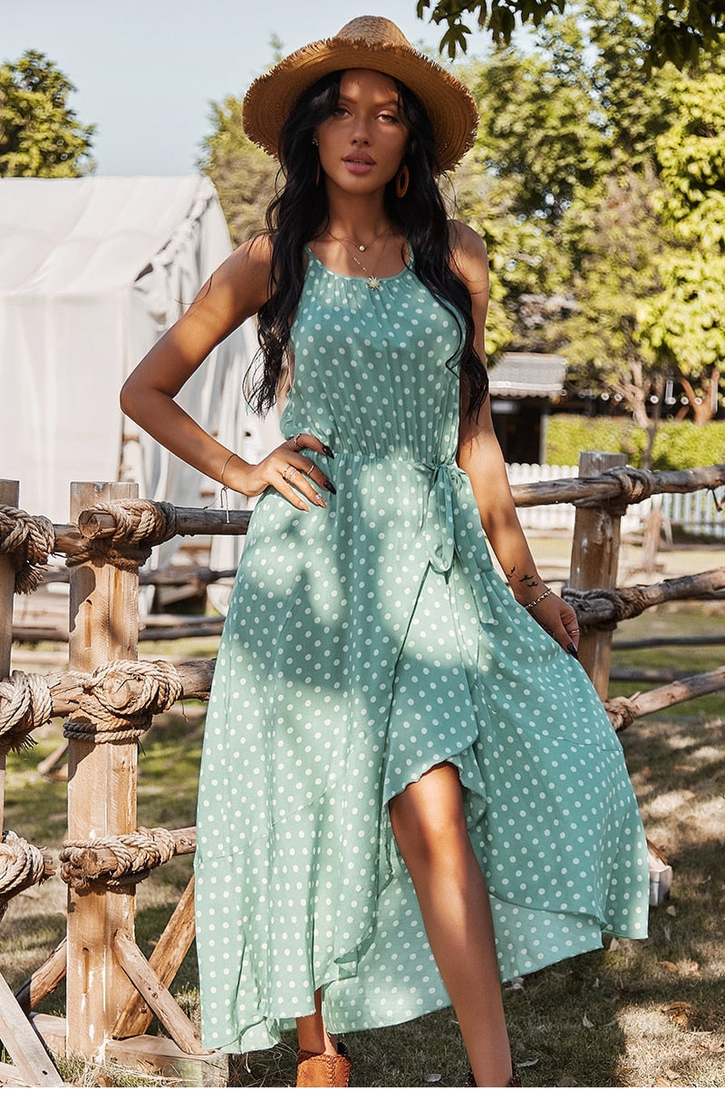 Boho Midi Dress, Strappy Sundress, Devika Green Polka Dot