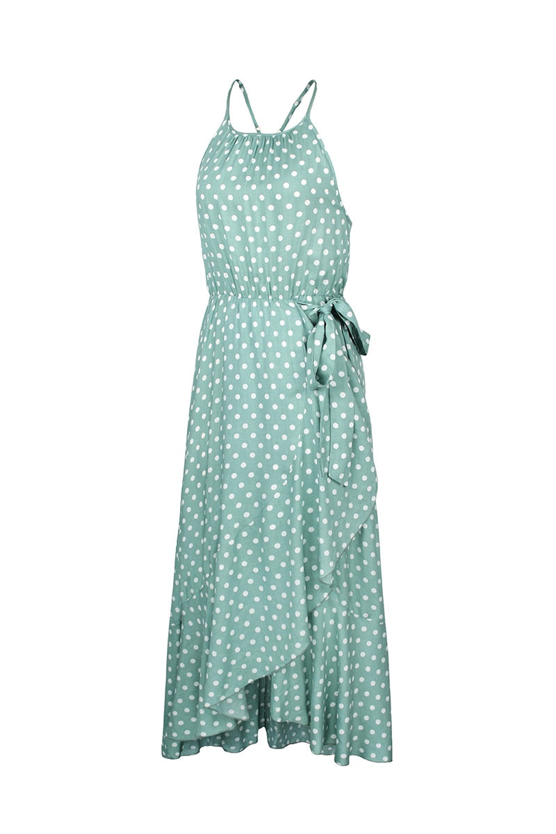 Boho Midi Dress, Strappy Sundress, Devika Green Polka Dot