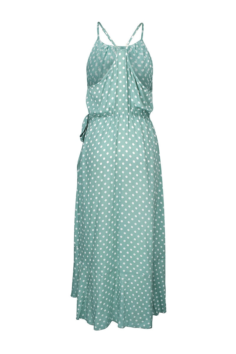 Boho Midi Dress, Strappy Sundress, Devika Green Polka Dot
