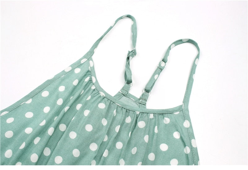 Boho Midi Dress, Strappy Sundress, Devika Green Polka Dot