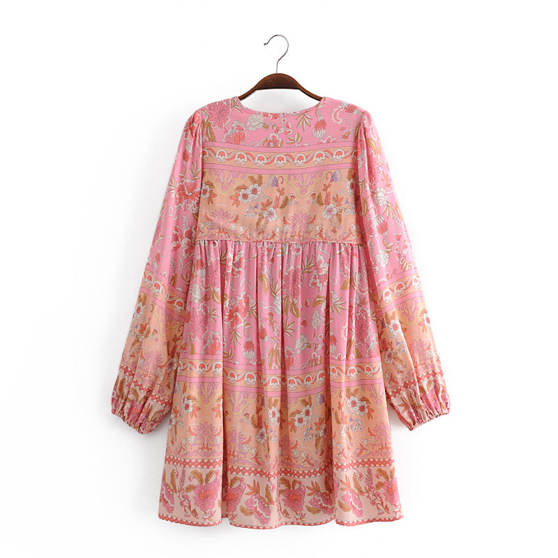 Boho Mini Dress Tunic Dress, Karlie Vintage Pink Rose
