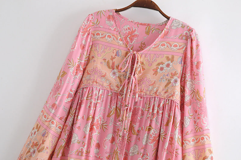 Boho Mini Dress Tunic Dress, Karlie Vintage Pink Rose