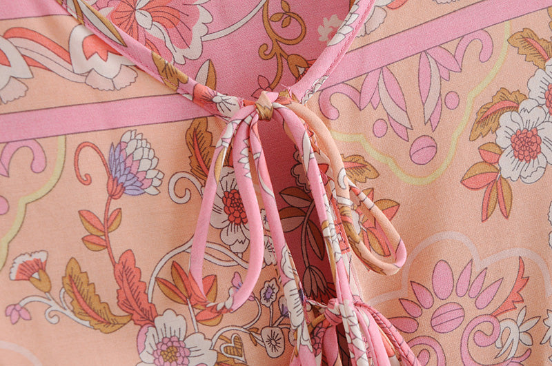 Boho Mini Dress Tunic Dress, Karlie Vintage Pink Rose