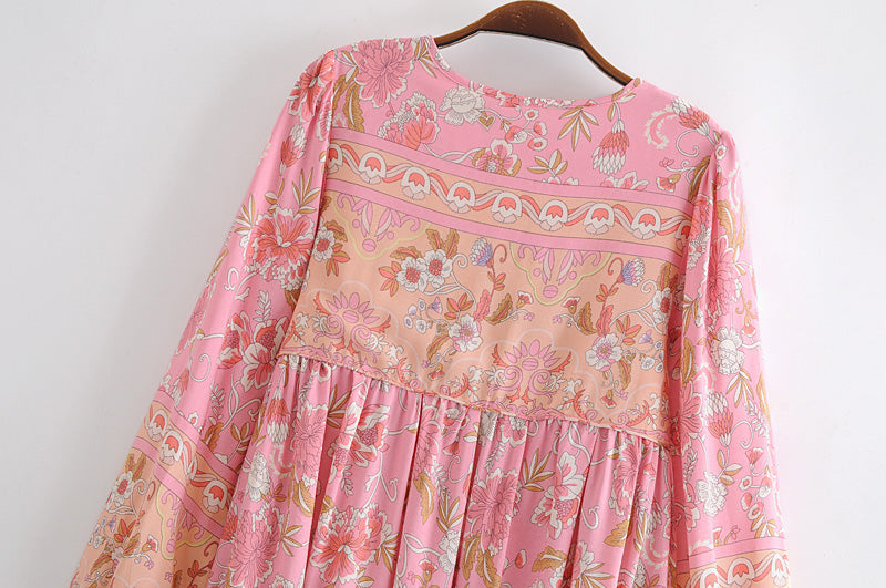 Boho Mini Dress Tunic Dress, Karlie Vintage Pink Rose