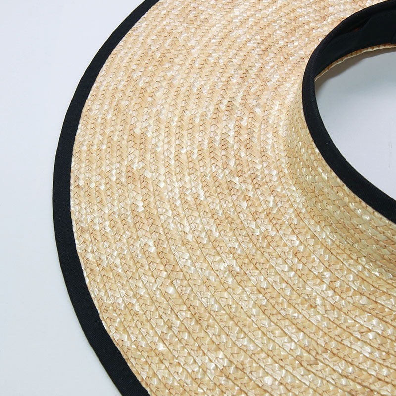 Boho Hat, Sun Hat, Beach Hat, Wide Brim Straw Hat 10 cm, Shade Visor Black Ribbon