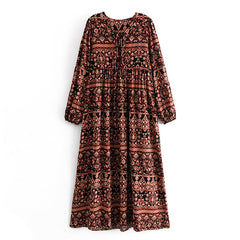 Gown Dress, Boho Maxi Dress, Loose Dress, India Flower Tribal Brown