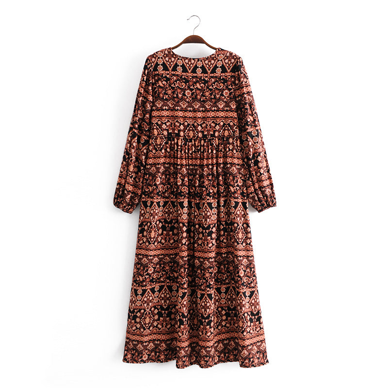 Gown Dress, Boho Maxi Dress, Loose Dress, India Flower Tribal Brown