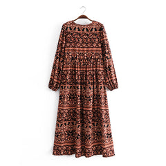 Gown Dress, Boho Maxi Dress, Loose Dress, India Flower Tribal Brown