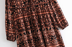 Gown Dress, Boho Maxi Dress, Loose Dress, India Flower Tribal Brown