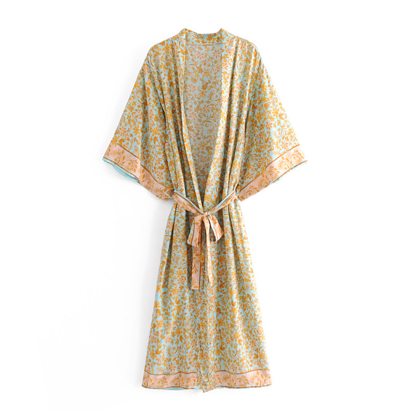 Boho Robe, Kimono Robe,  Beach Cover up, Vine Vintage Blue Gold