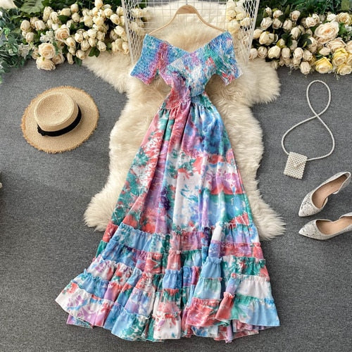 Vintage Dress, Boho Maxi Dress, Smocked Dress, Bibi in Blue and Pink