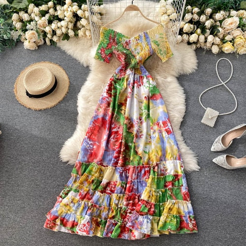 Vintage Dress, Boho Maxi Dress, Smocked Dress, Bibi in Blue and Pink