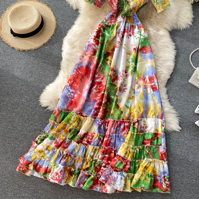 Vintage Dress, Boho Maxi Dress, Smocked Dress, Bibi in Blue and Pink