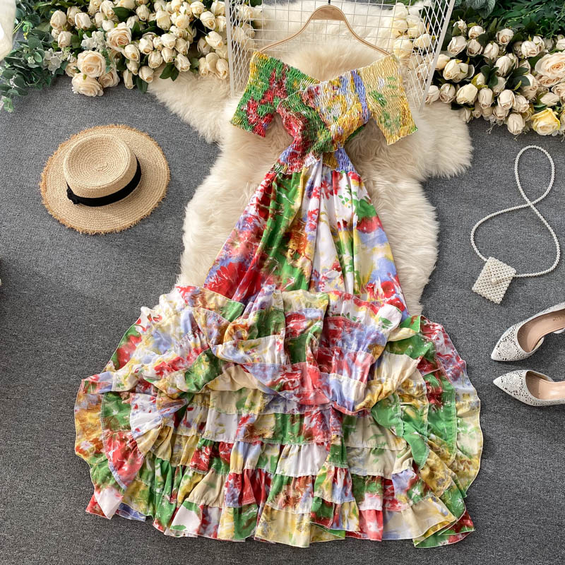 Vintage Dress, Boho Maxi Dress, Smocked Dress, Bibi in Blue and Pink