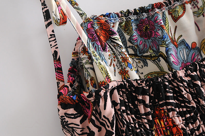 Boho Maxi Dress, Strappy, Black White Flower Zebra
