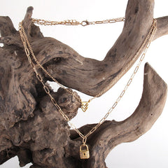 Boho Necklace, RH Two Layer Copper Gold Lock and Key